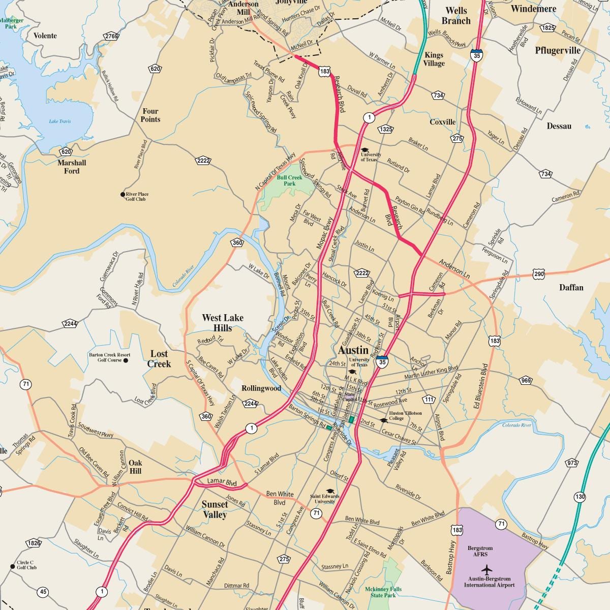 ऑस्टिन Tx में एक नक्शे पर