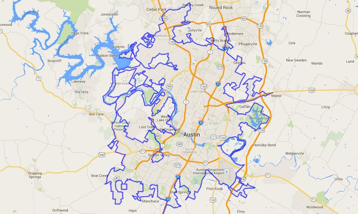 नक्शे के ऑस्टिन शहर सीमाएं